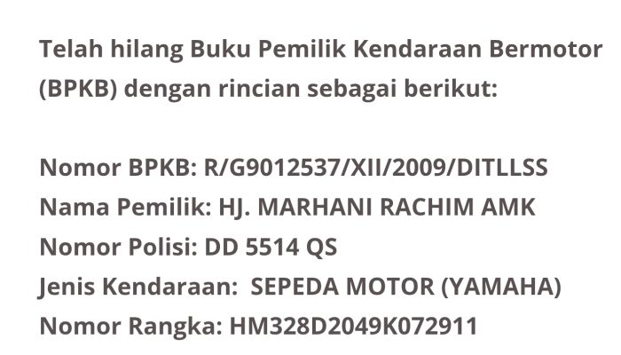 Pengumuman Kehilangan BPKB Atas Nama CHAERUNNISA IBRAHIM