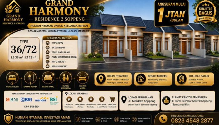 Dekat Pasar Sentral, Grand Harmony Residence Sopppeng Tawarkan Rumah Modern Mulai Angsuran 1 Juta-an